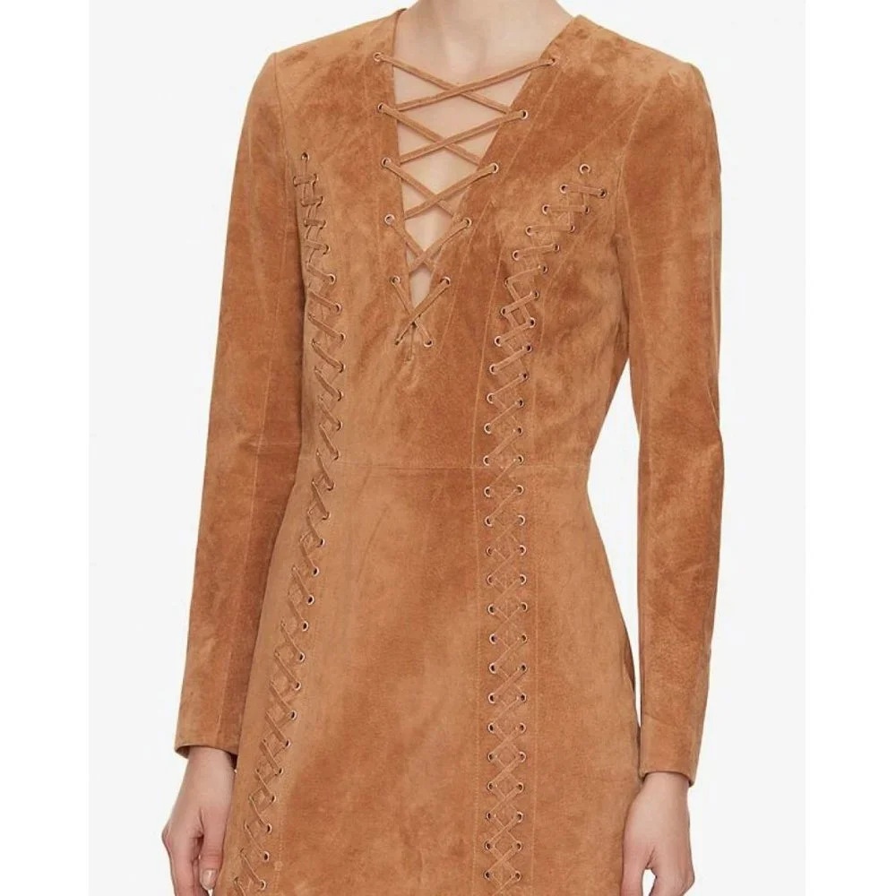 NEW Intermix Leather Lace Up Long Sleeve V Neck Mini Dress Small FLAWED